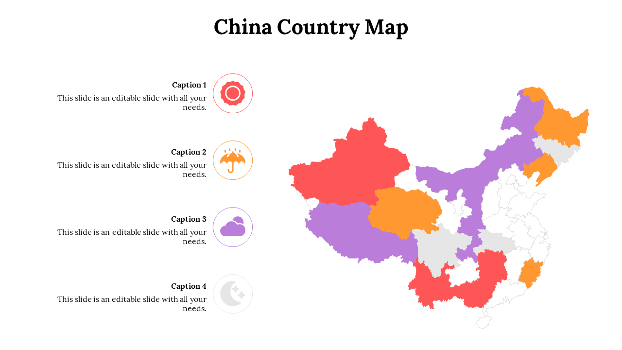 China map segmented by color and matched to percentage-based icons showing data distribution on the left.