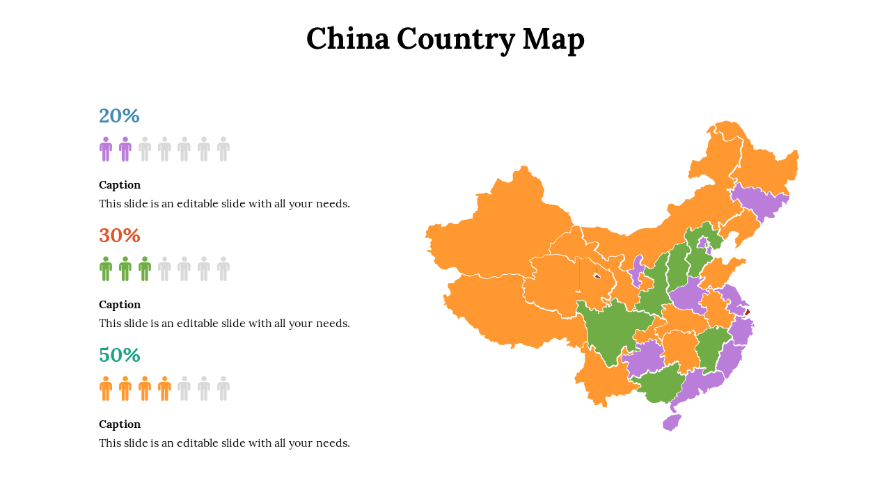 Slide showing China map with segmented regions and four labeled icons representing different mapped data groups.