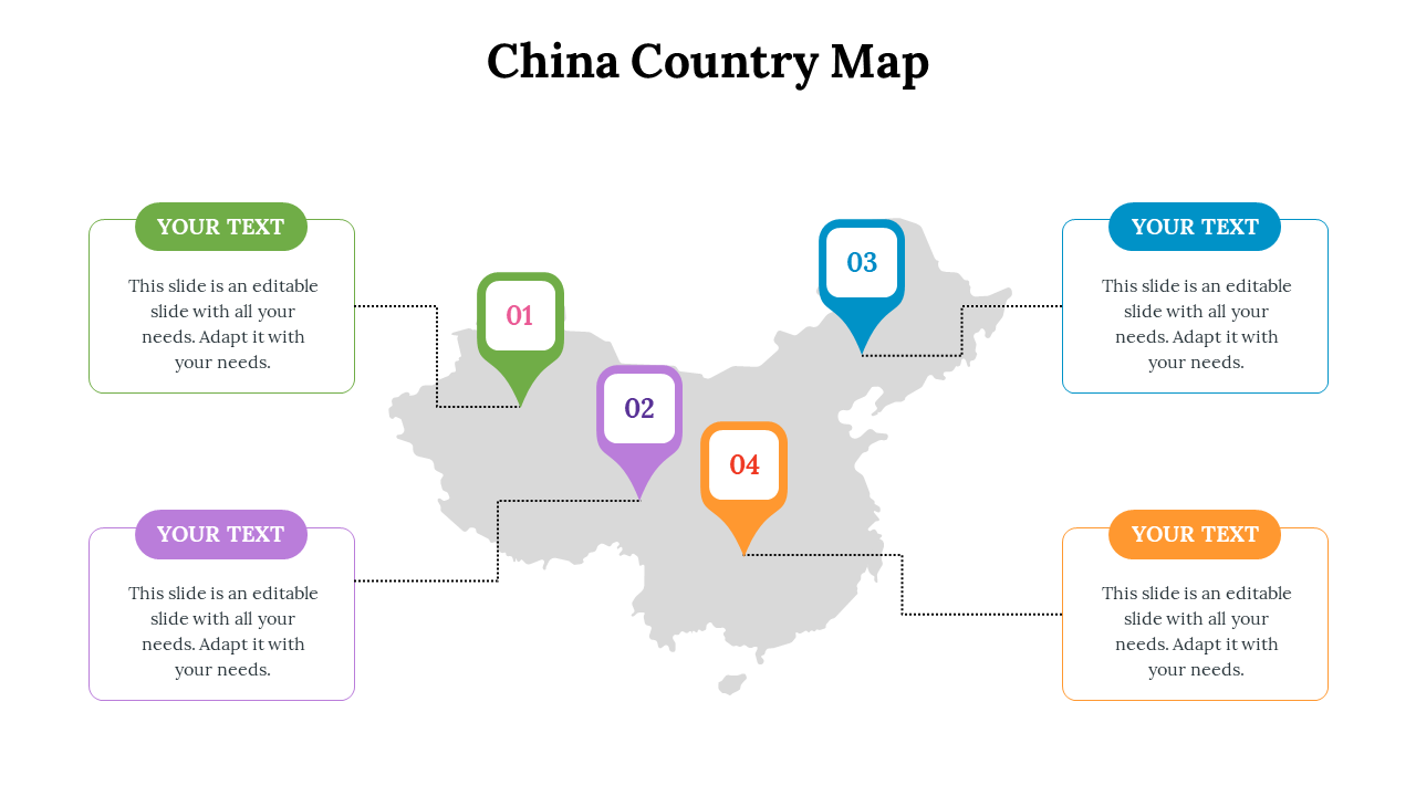 China map featuring four labeled markers and matching colored text boxes on the sides with caption areas.