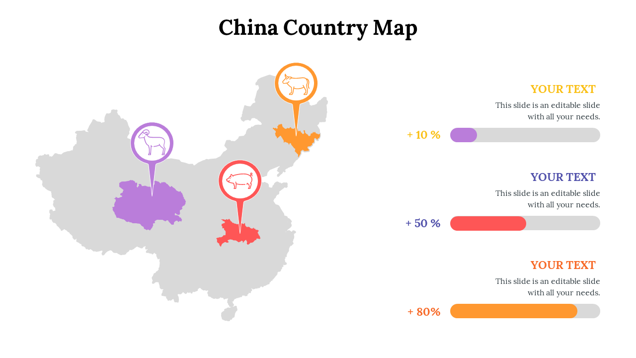 Gray China map with three regions highlighted by animal icons and corresponding colored percentage bars.