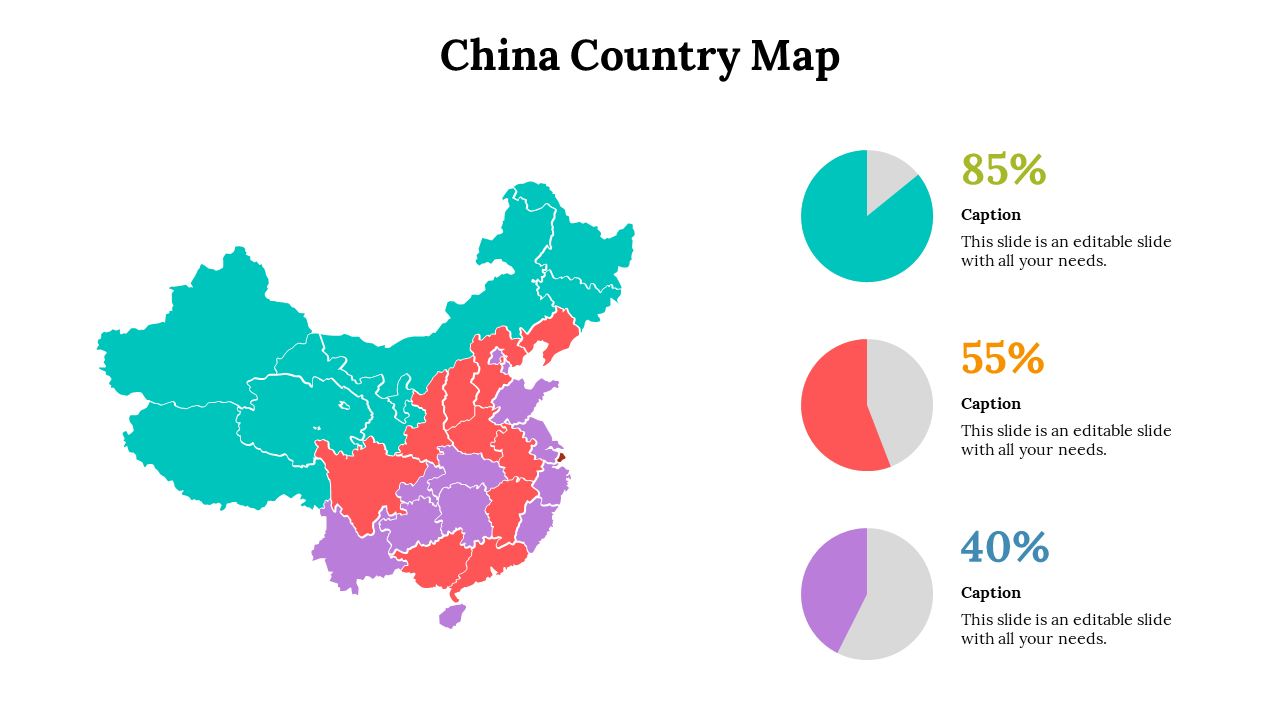 China map divided into purple, orange, teal, and gray regions, each linked to caption boxes with progress bars and percentages.