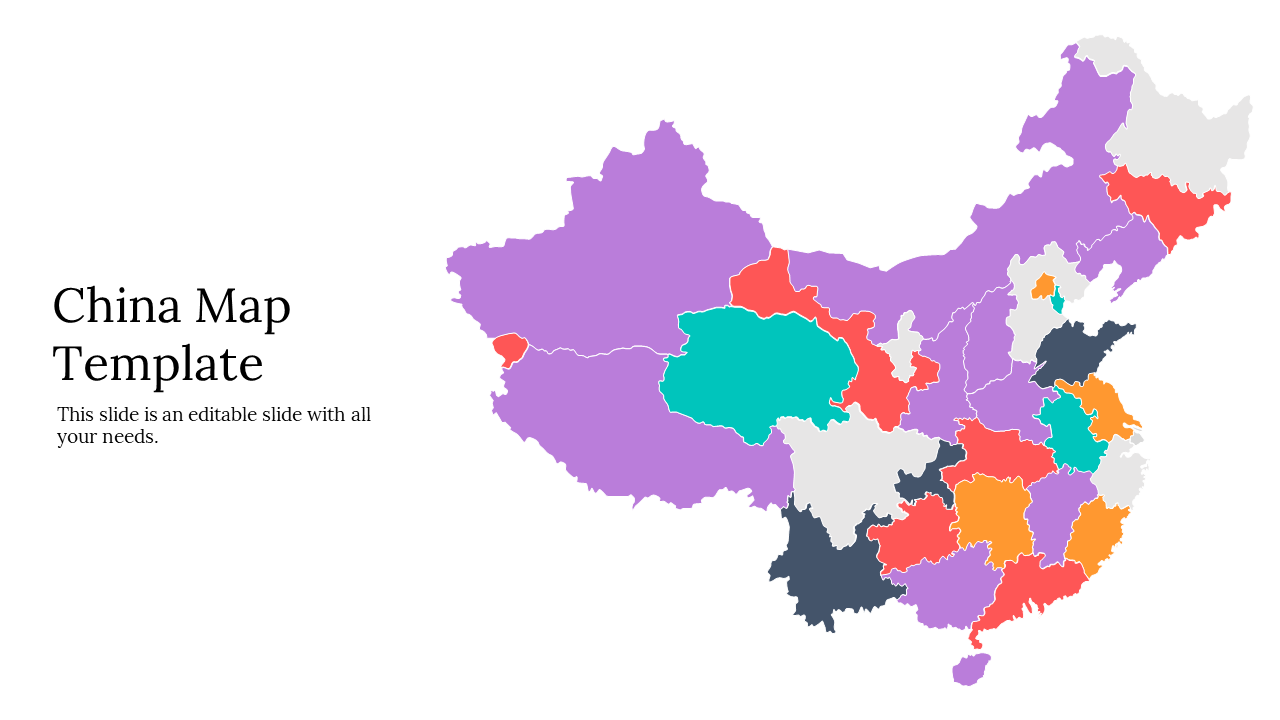 Multicolored China map template with labeled placeholder text on the left and distinct colored regional divisions.