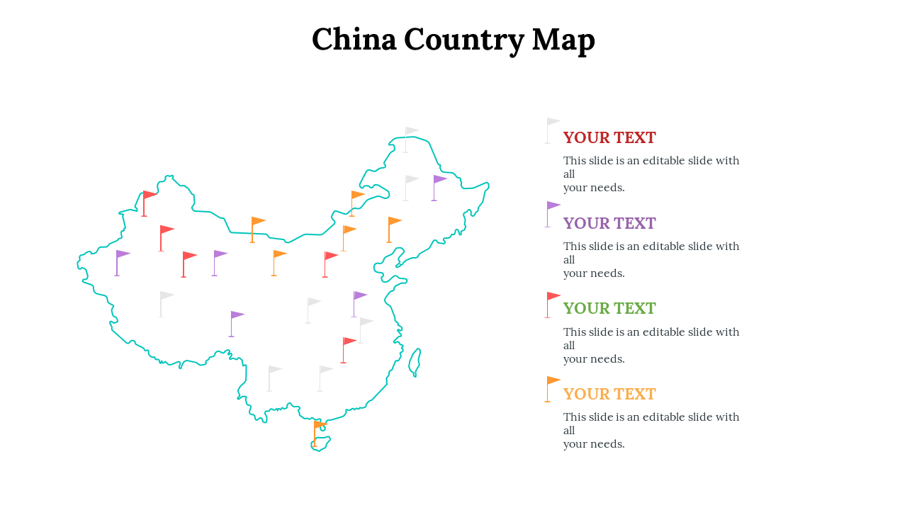 Outline map of China with red, orange, purple, and gray flags across provinces and matching text boxes for captions areas.