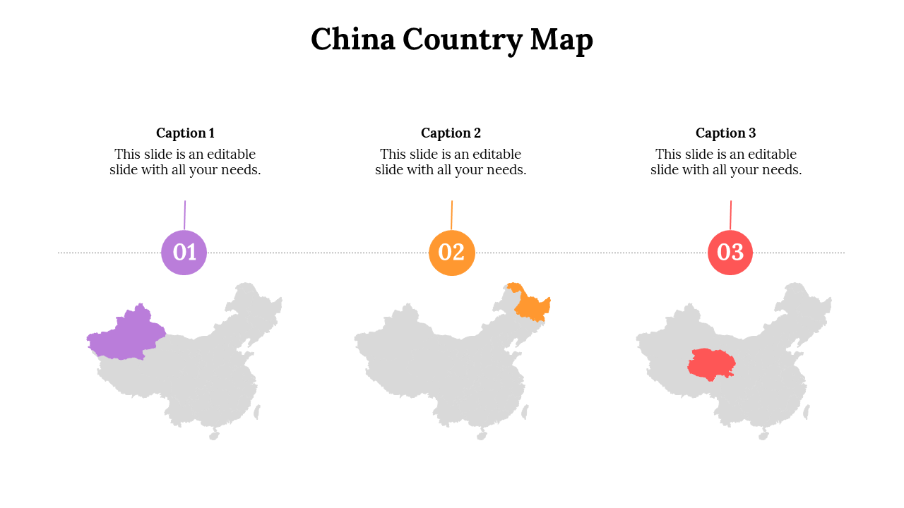 China country map slide showing three regional highlights in purple, orange, and red with matching numbered captions.