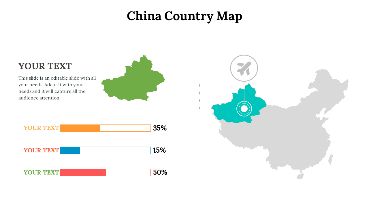 Map of China with Xinjiang marked in teal, enlarged green region view, airplane icon, and progress bars at 35%, 15%, and 50%.