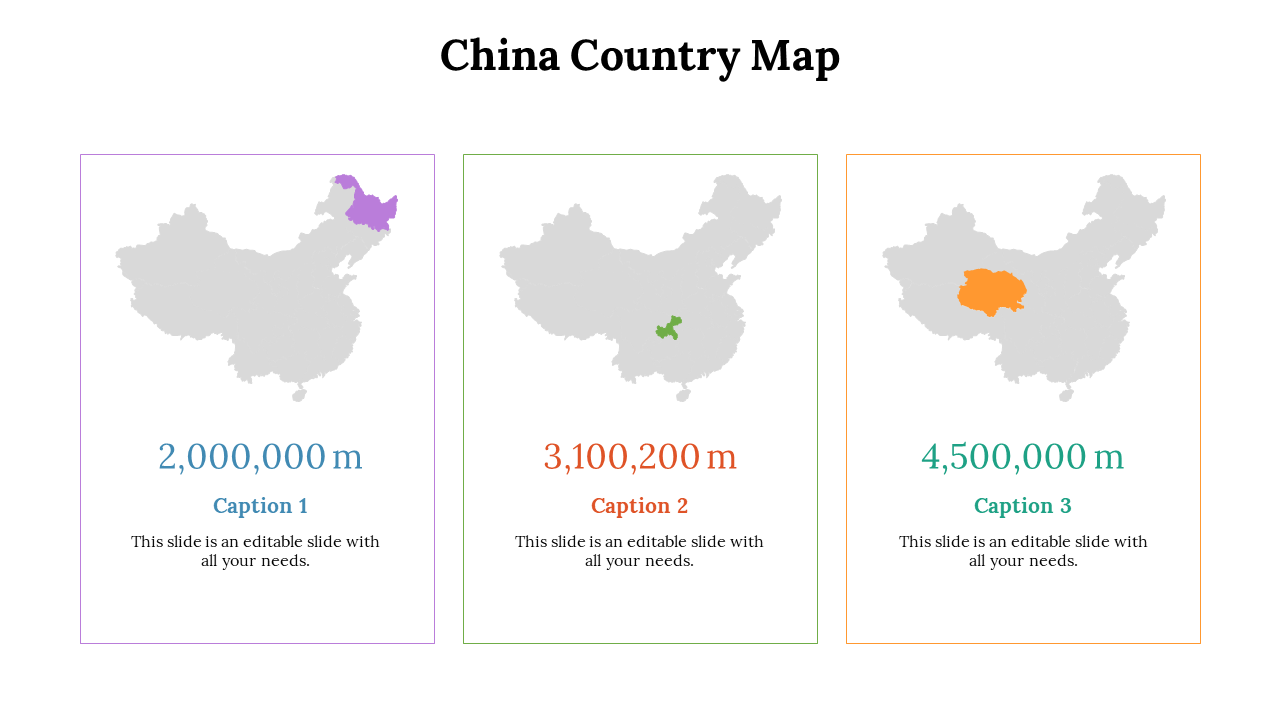 China country map slide showing three highlighted provinces, each with a value, caption text, and color coded border box.