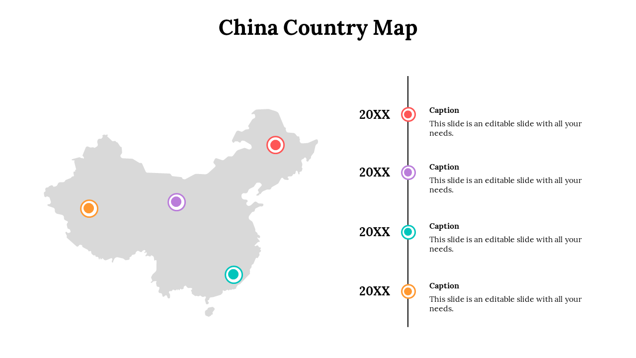 Slide shows China map and a vertical timeline with four circular pointers in red, purple, cyan, and orange beside captions.