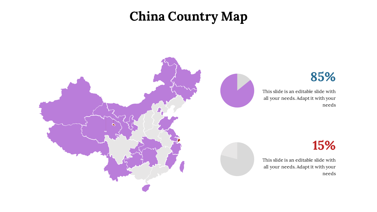 Infographic of China map with purple areas and two percentage circles at right showing editable 85% and 15% labels.