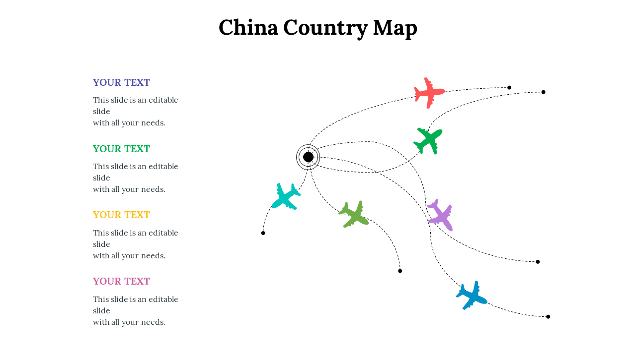Minimalist China map with six aircraft icons in red, green, blue, purple, and yellow on curved dotted paths.