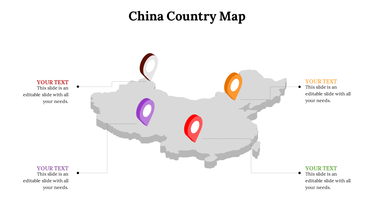 Isometric China map with five location pins in different colors linked to matching text blocks on the sides.