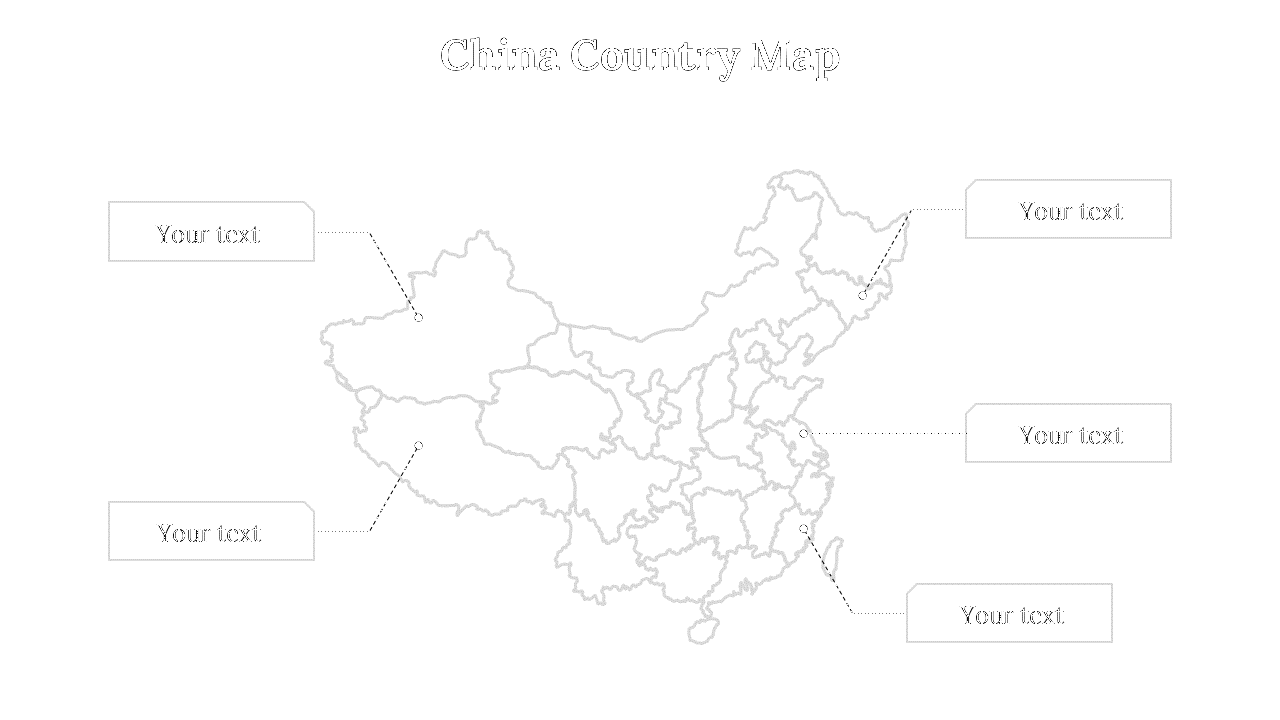 China country map in grey outline with five dot markers, each linked to labeled text boxes via dashed lines.