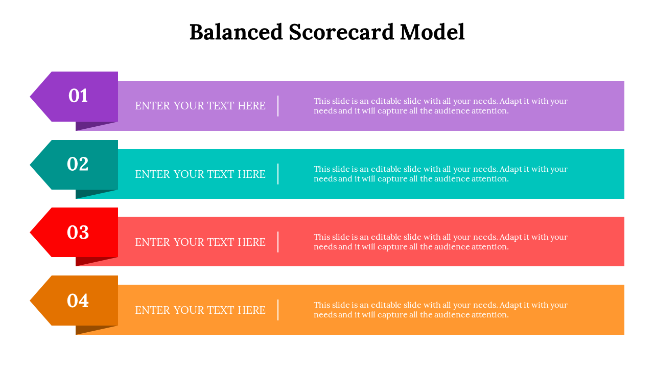 Four horizontal arrow banners in purple, teal, red, and orange with numbered labels and editable text areas on each row.