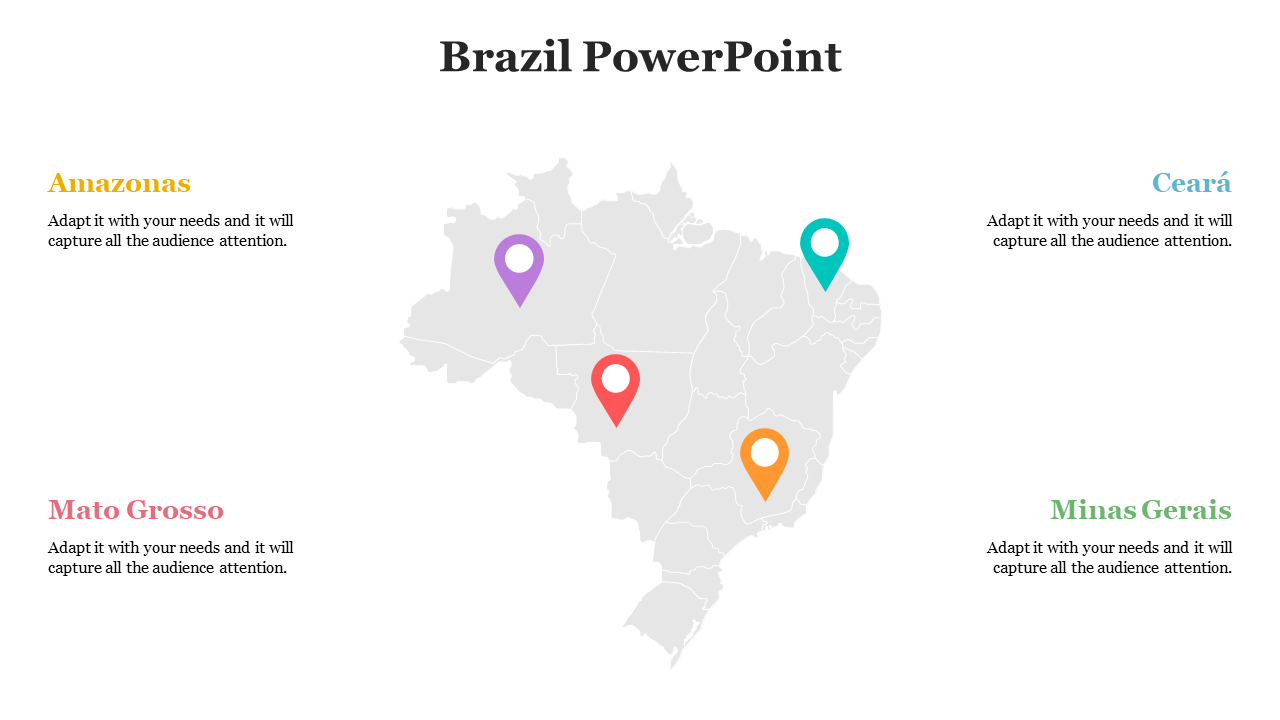 Brazil map with purple, teal, red, and orange pins showing highlighted states and descriptions around the map.