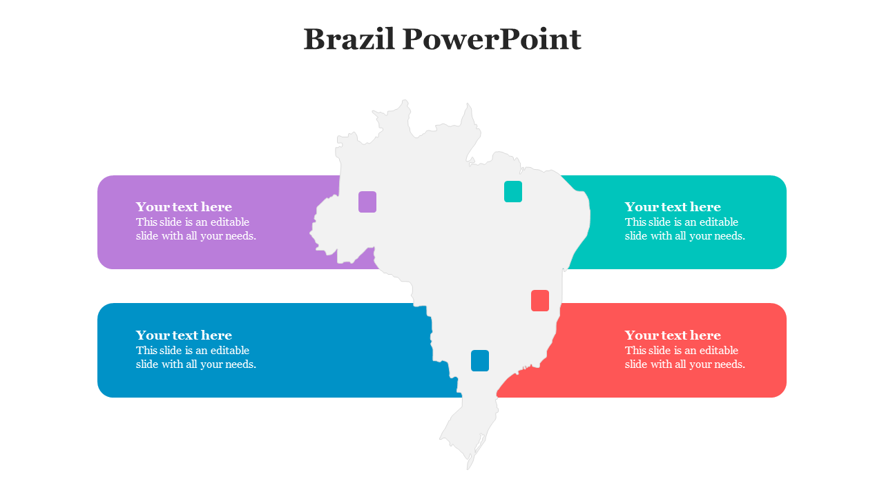 Brazil map with four square markers in purple, teal, red, and blue linked to matching colored text boxes around the slide.