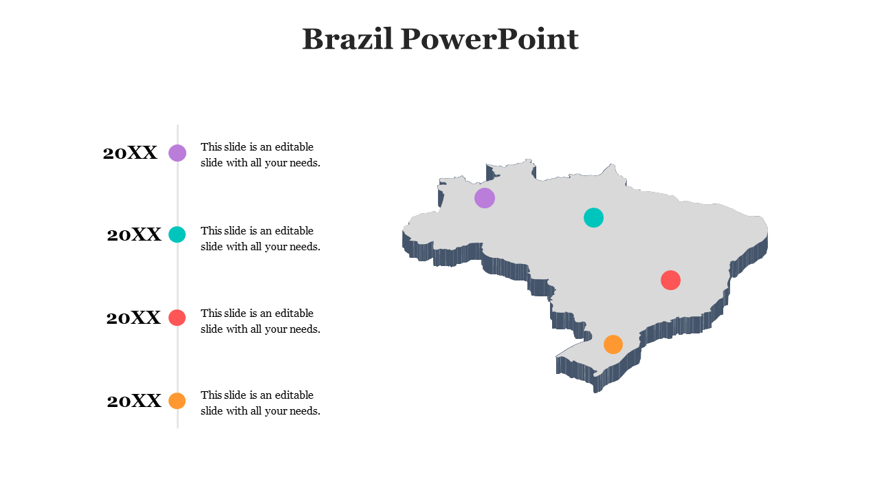 Brazil map with stacked 3D effect and timeline on the left showing four color coded years with matching location dots.
