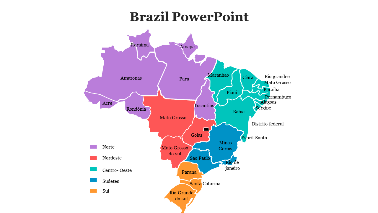 Labeled Brazil map with regional divisions in purple, red, teal, blue, and orange for presentation use.