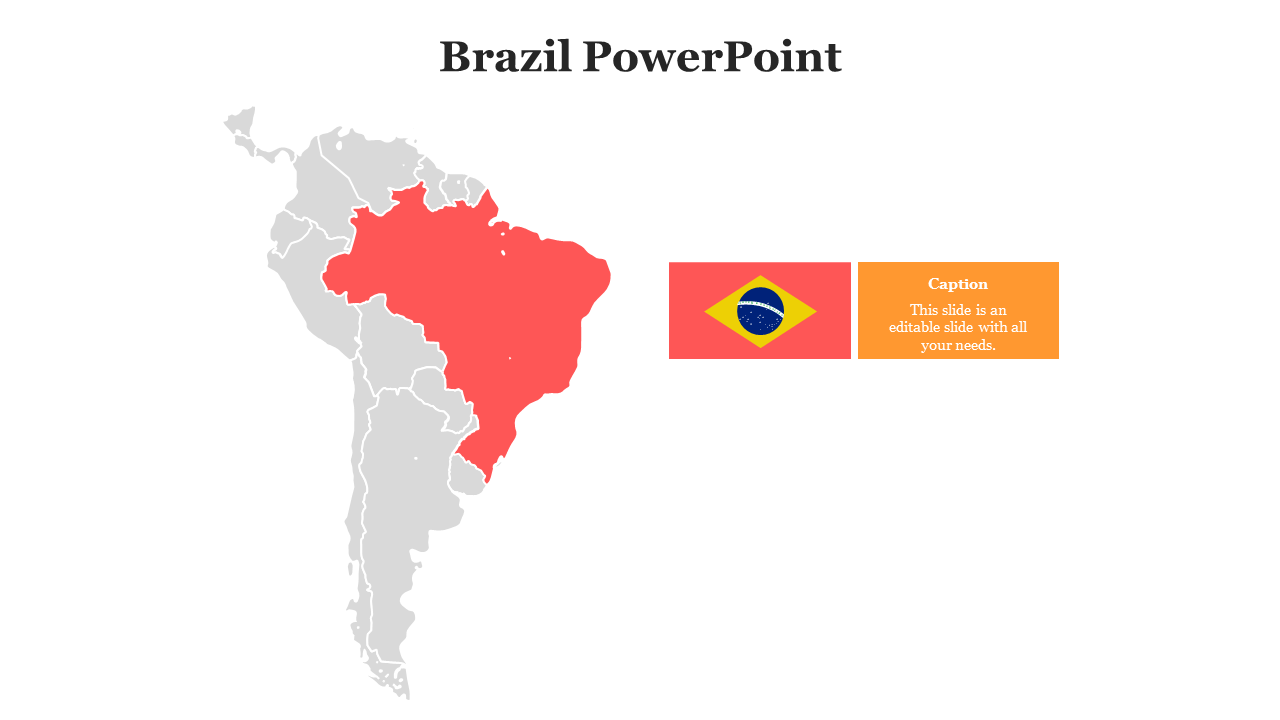South America map with Brazil highlighted in red and Brazil flag beside an orange caption box on the right.