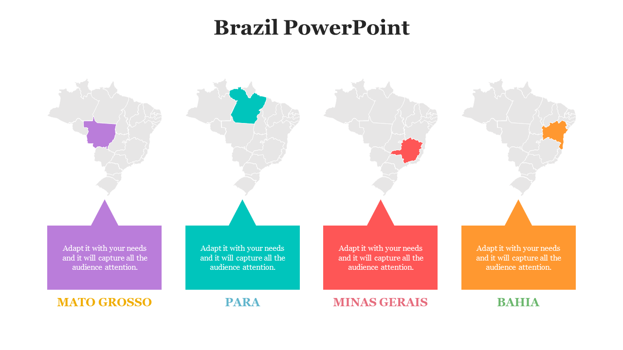 Infographic of Brazil with four state spotlights and colored caption areas beneath for editable content and names.