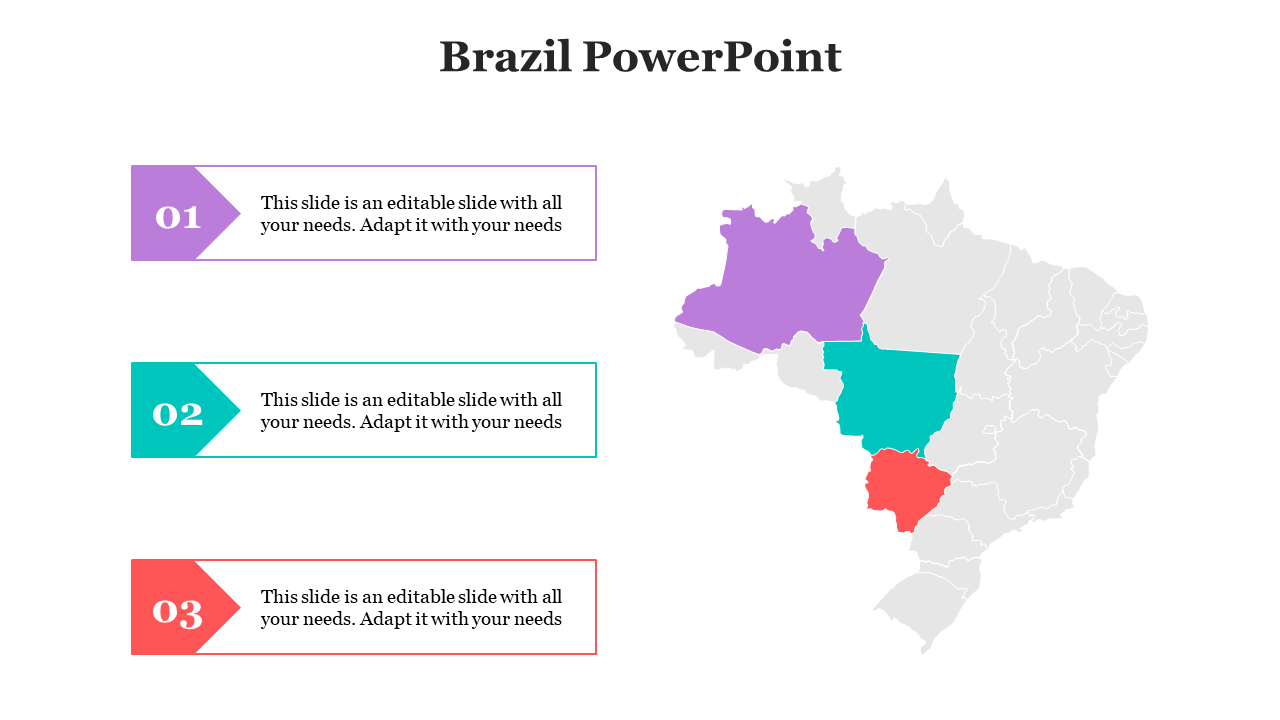 Brazil map with three highlighted states in purple, teal, and red, each linked to numbered captions on the left.