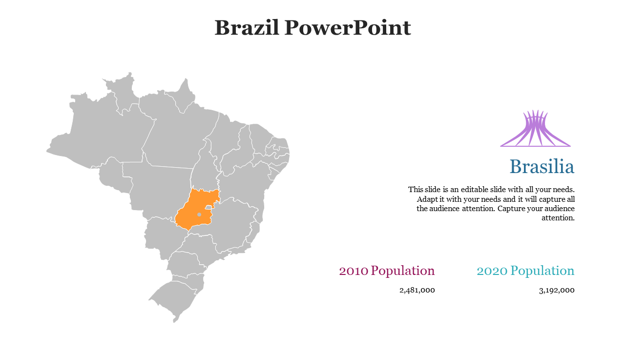 Brazil map with Brasília state in orange, a cathedral icon, and population stats comparing 2010 and 2020 on the right.