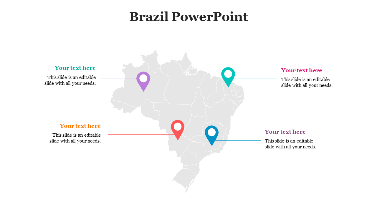 Brazil map with four colorful location markers, each connected by lines to editable text boxes in the corners.