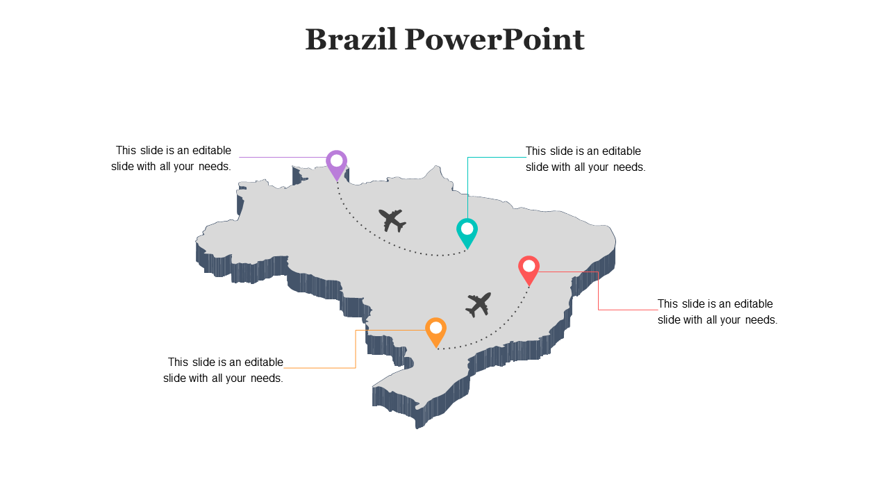 Isometric Brazil map featuring flight paths, airplanes, and four color coded pins with text captions.