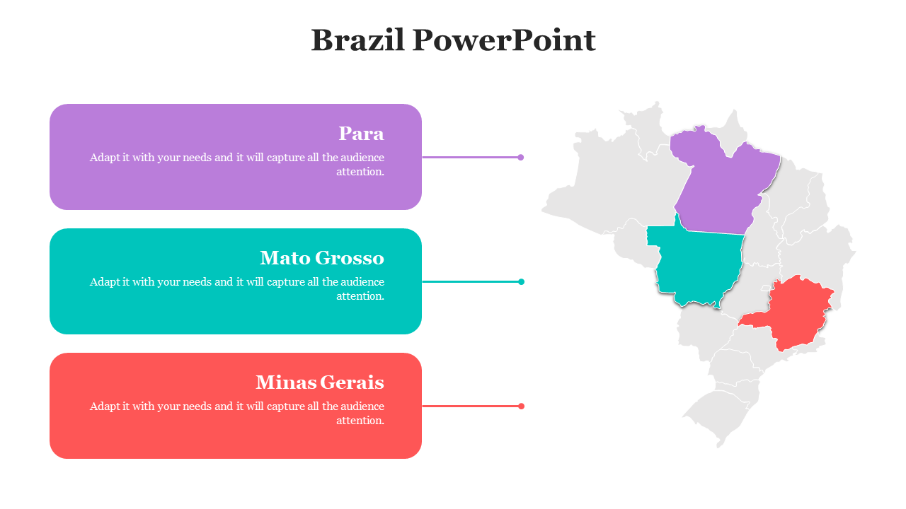 Highlighted Brazil map with left-aligned boxes pointing to Para, Mato Grosso, and Minas Gerais in distinct colors.