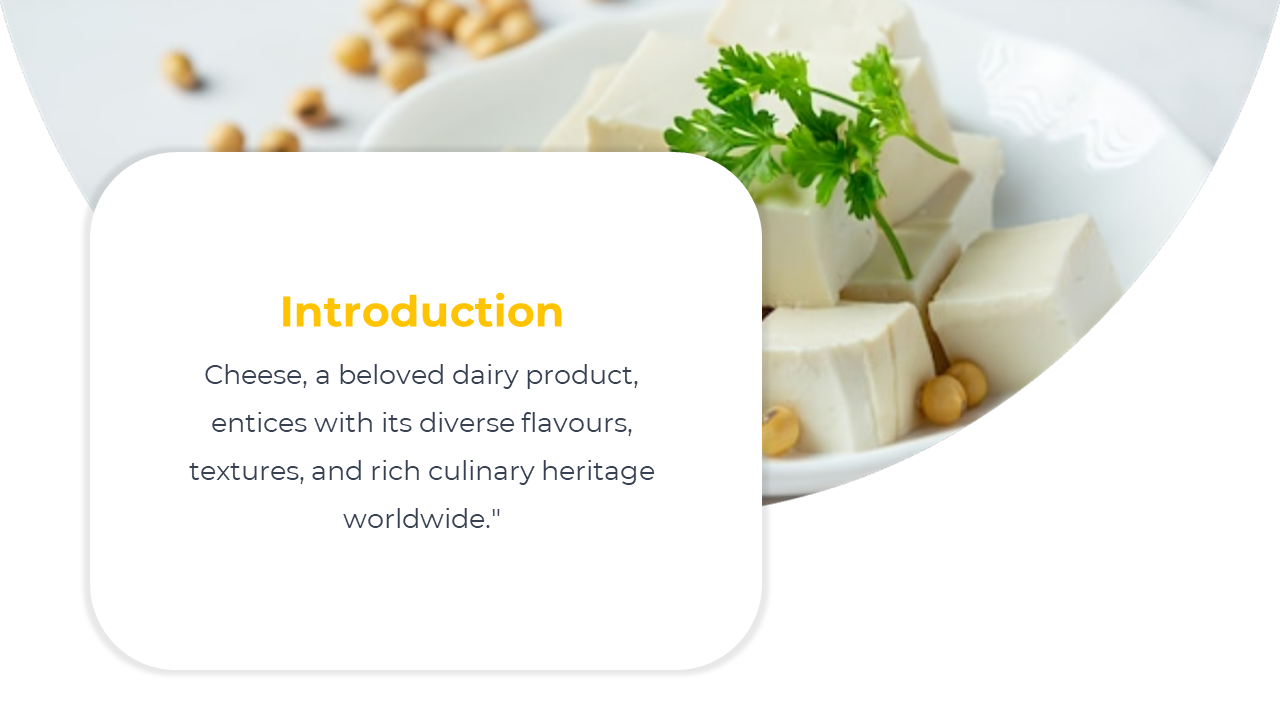 White cheese cubes garnished with parsley and soybeans on a plate, beside a rounded white box with introduction text.
