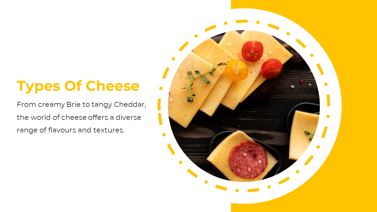 Circular photo of cheese slices with toppings on dark wood, next to bold yellow title and text about cheese varieties.
