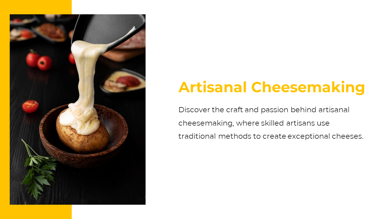 Hot melted cheese flowing onto a potato with herbs and tomatoes nearby, beside a white section with cheesemaking text.
