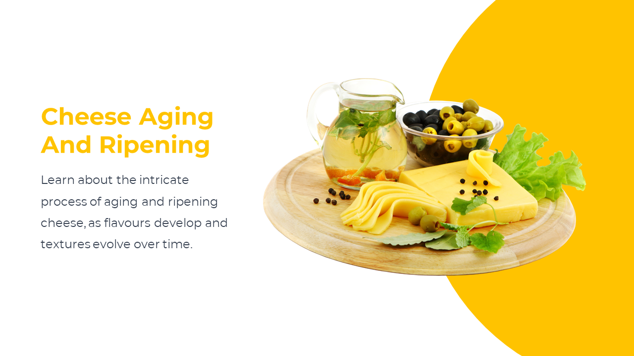 Yellow cheese slices and olives on a round tray with greenery and pepper, beside aging and ripening description text.