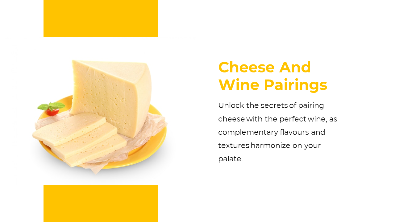Cheese wedge and slices on yellow dish with garnish, beside bold yellow title and paragraph on pairing cheese with wine.
