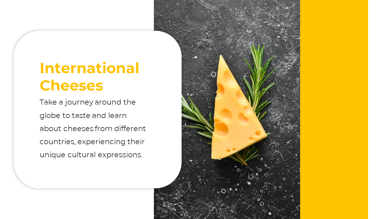 Wedge of holey cheese placed on black background with herbs, next to yellow and white text about global cheese varieties.