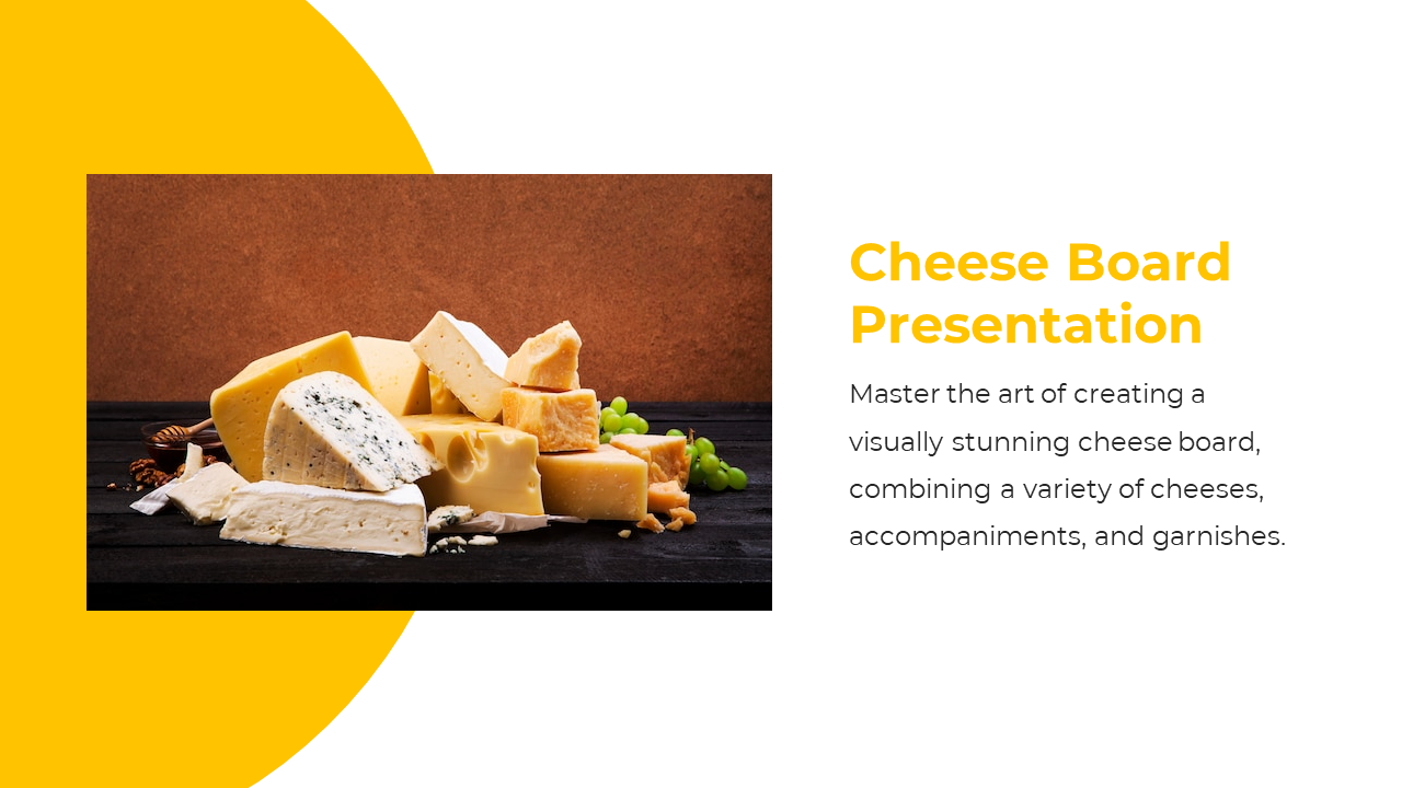 Cheese board with soft, hard, and blue cheeses on dark background, next to layout with title and presentation guide.