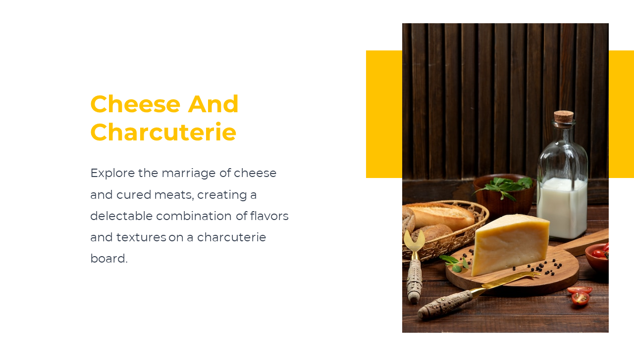 Wooden surface with cheese, pepper, milk, and rolls next to text about combining cheese with cured meats.