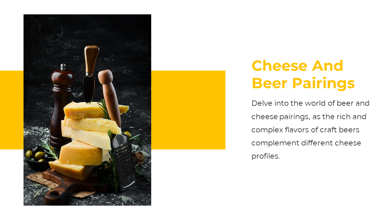 Charcuterie setting with cheese, bread, and milk on dark wood, paired with yellow-accented heading and description text.