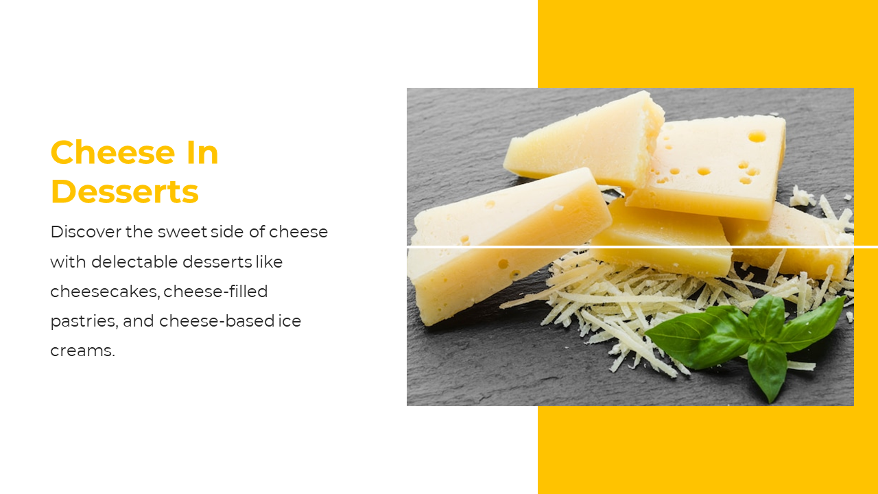Sliced and grated cheese with fresh basil on stone surface beside bold yellow heading and text about cheesy desserts.