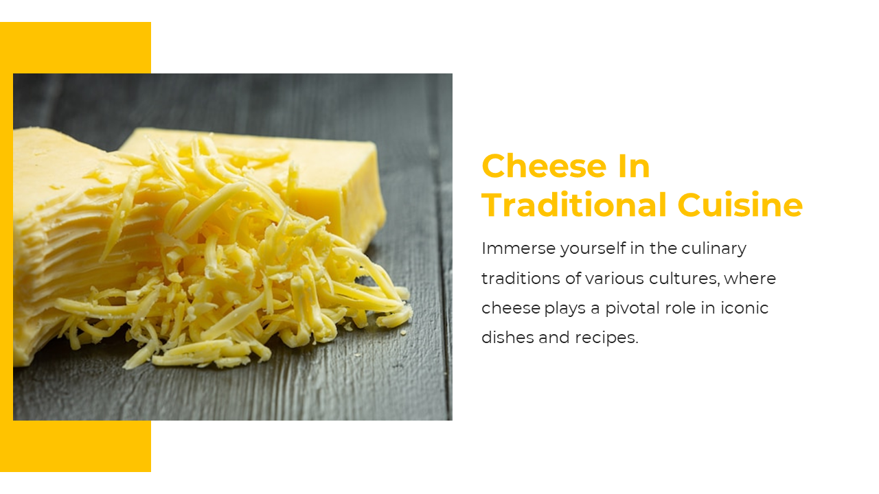 Grated cheese and slices on rustic background next to heading and paragraph on cheese in cultural cooking traditions.