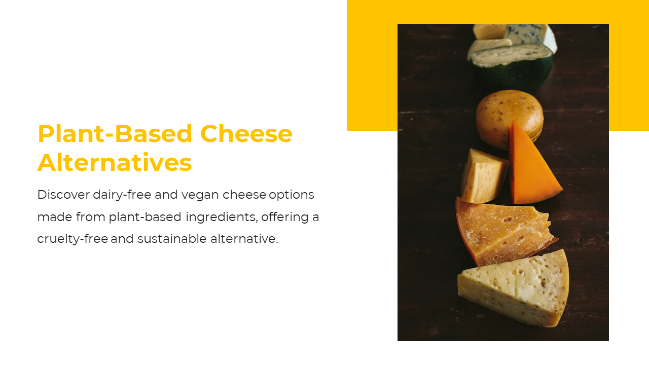 Various plant based cheese slices arranged on wooden surface next to bold heading and sustainable cheese text.