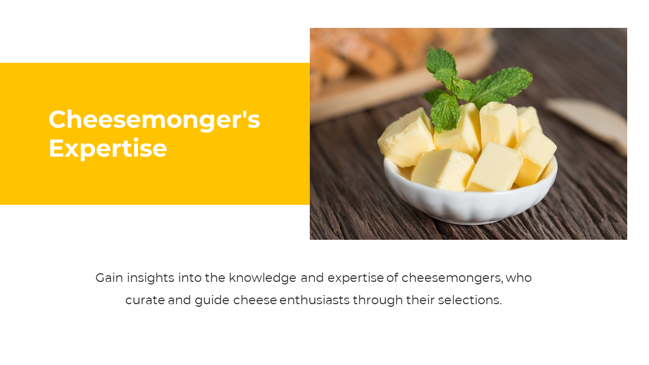 Cubes of cheese in small bowl garnished with mint leaves, next to bold heading and text on cheesemonger guidance.