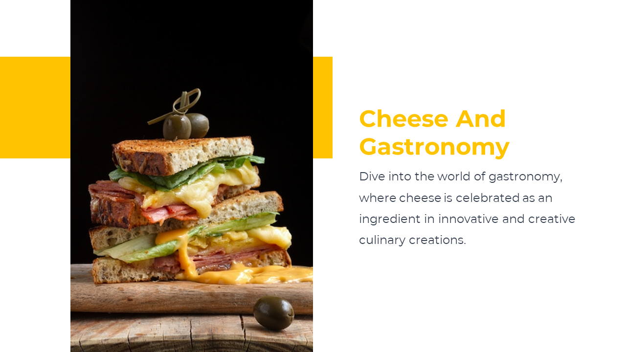 Toasted sandwich with layers of cheese, greens, and meat next to bold title and paragraph on cheese in modern gastronomy.