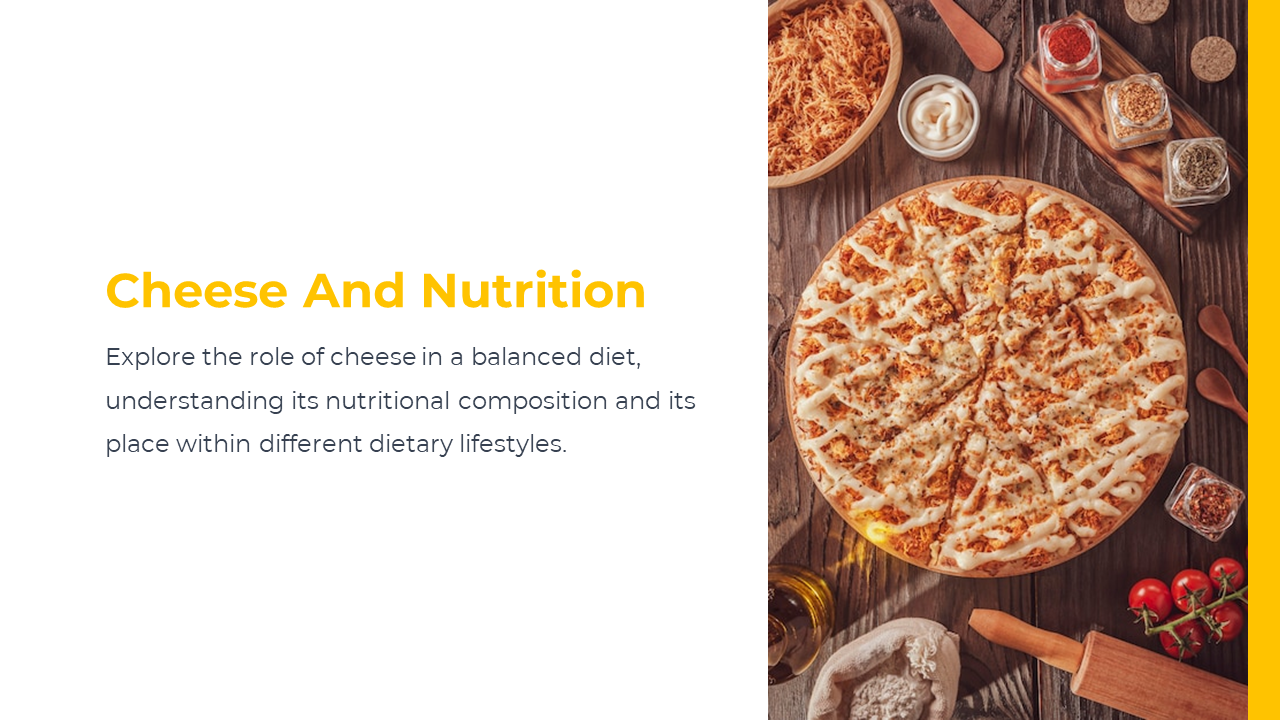 Cheesy pizza surrounded by ingredients like spices and tomatoes, next to text on cheese’s nutritional role.