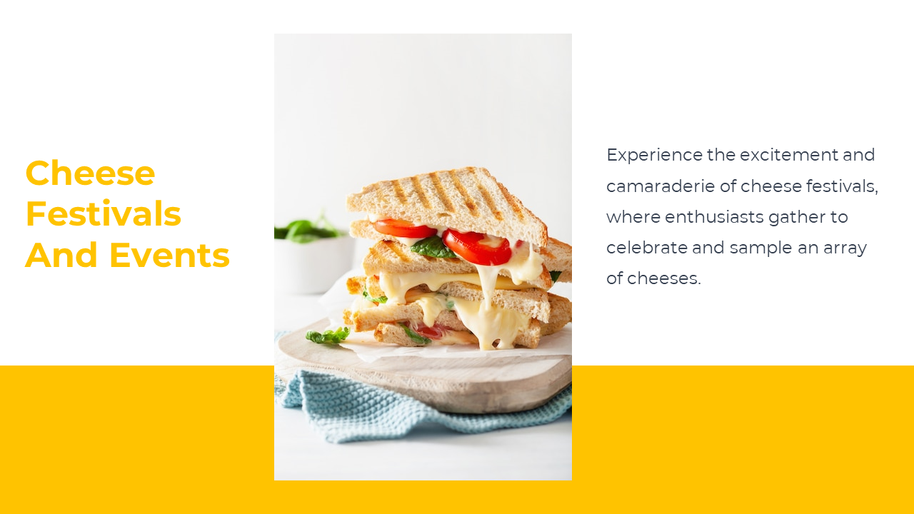 Grilled cheese stack on wooden tray with white backdrop and text about celebrating cheese at festivals and events.