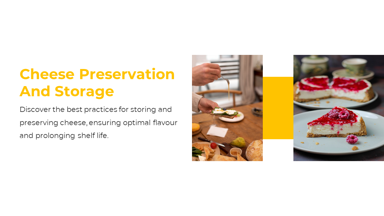 Cheese cracker being garnished with honey and plated cheesecake beside text about flavor preservation and shelf life.