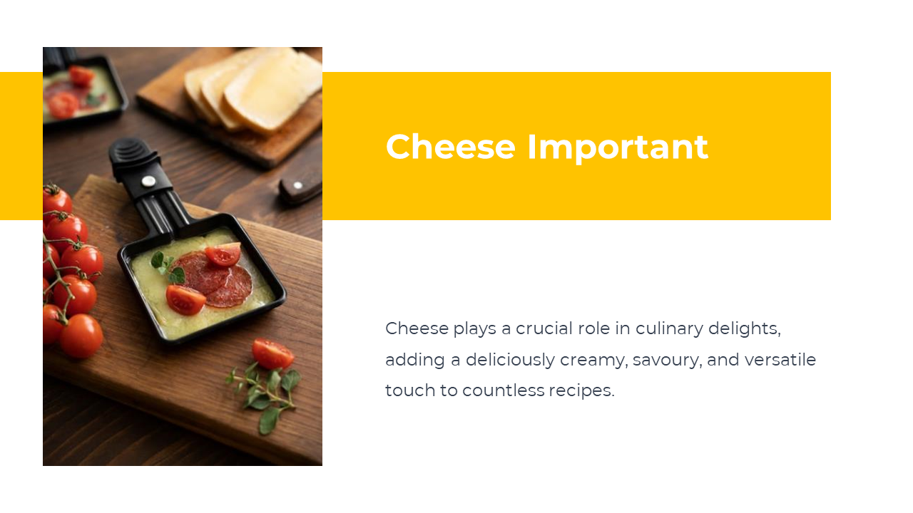 Small skillet of melted cheese with tomato and herbs on table, next to heading and description about cheese’s importance.