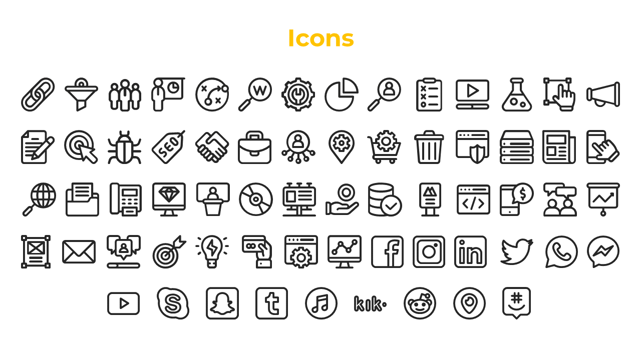 Icon set featuring business tools, charts, SEO, and social media logos displayed in five rows with yellow heading above.