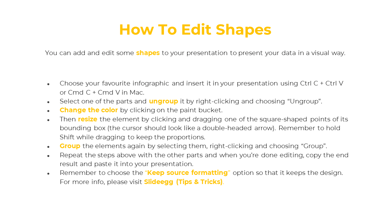Guide slide on editing shapes in a presentation, featuring yellow highlighted keywords and a list of editing steps.