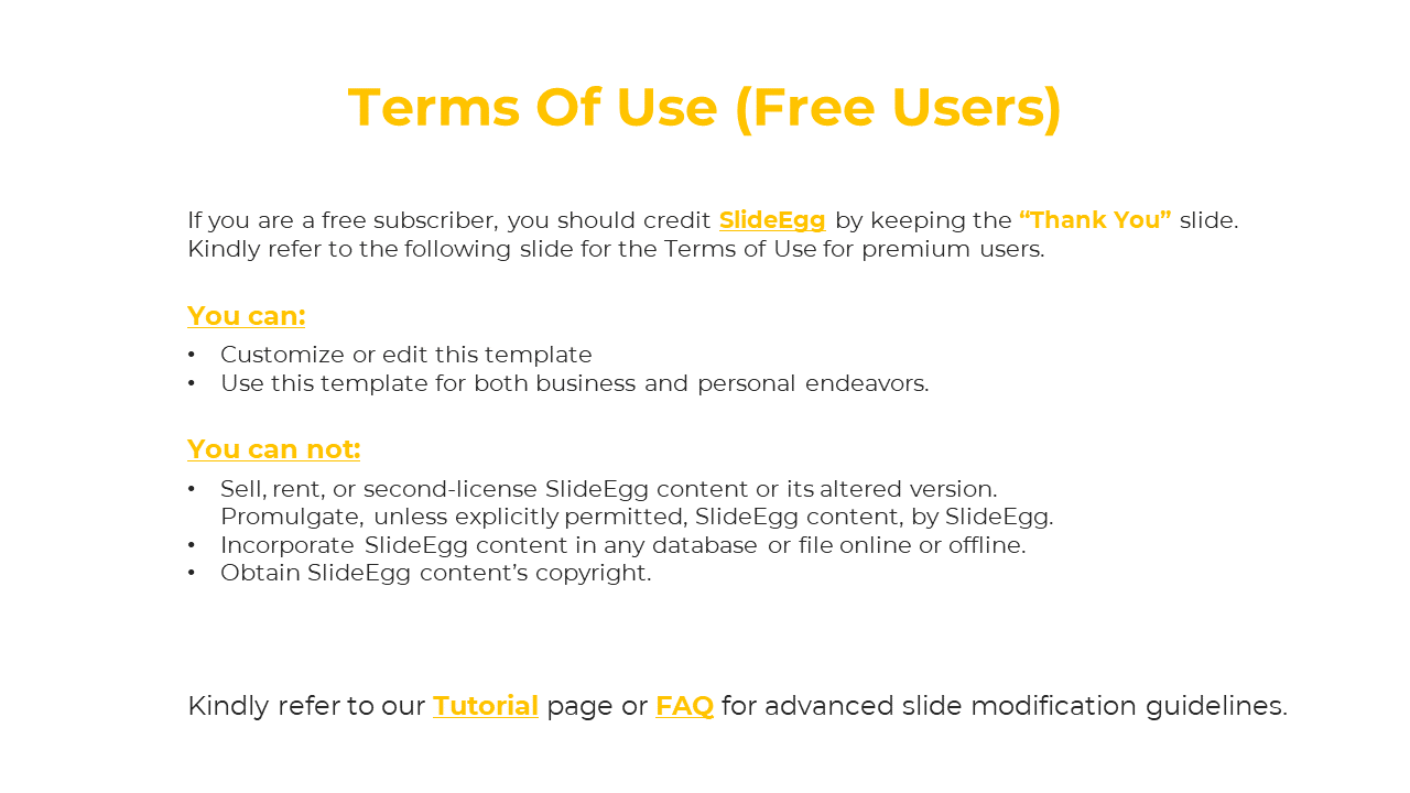 Instructional slide showing SlideEgg usage rights for free users, with bold yellow section titles and note on crediting.