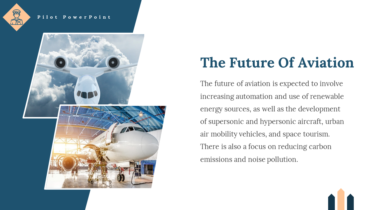 Aviation future slide with futuristic aircraft photo, hangar plane image, and text about innovation and sustainability.