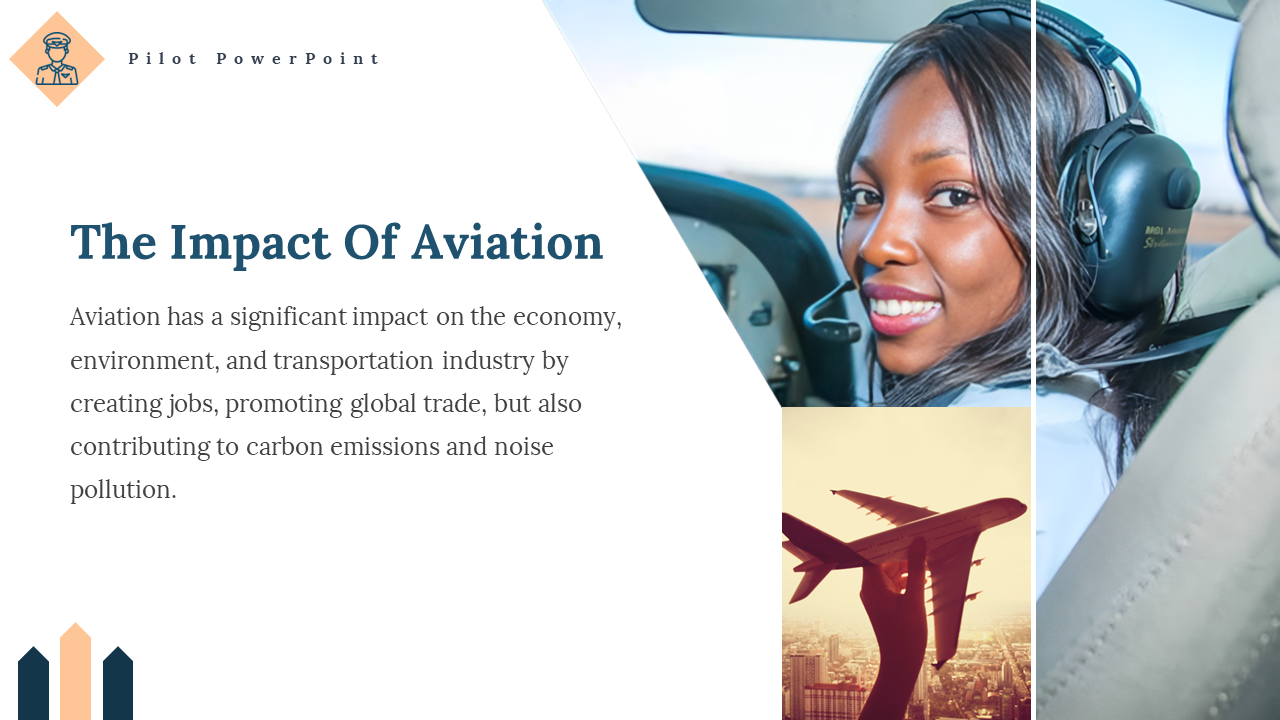 Slide showing benefits and drawbacks of aviation with visuals of a female pilot and symbolic plane silhouette in the sky.